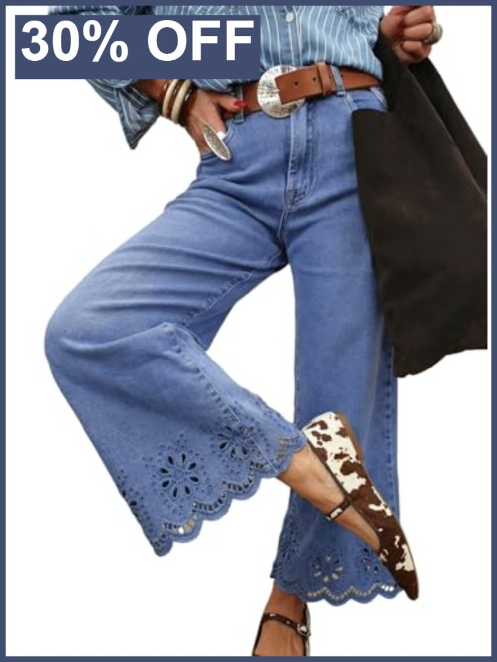 Women High Rise Wide Leg Embroidered Jeans Stretchy Denim Pants